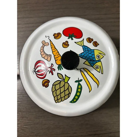 VTG MCM San Ignacio Enamelware Fondue Pot Colorful Seafood & Vegetable Motif - Picture 5 of 8